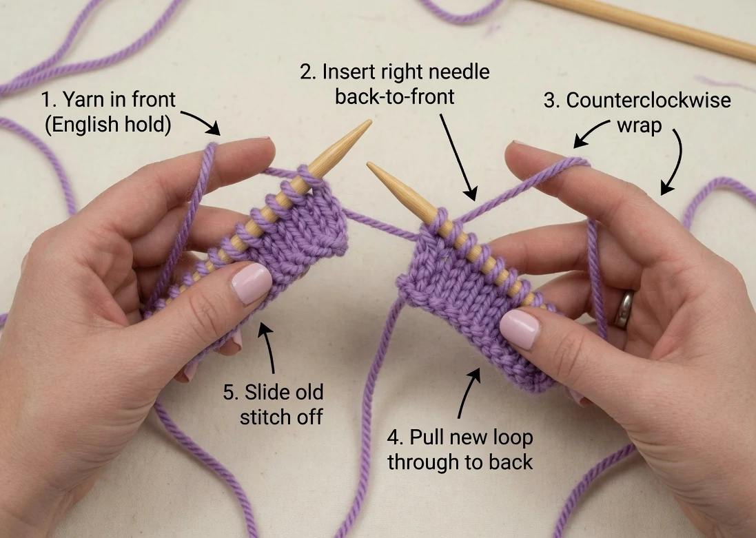 Purl stitch worked English style with the working yarn brought to the front of the needles