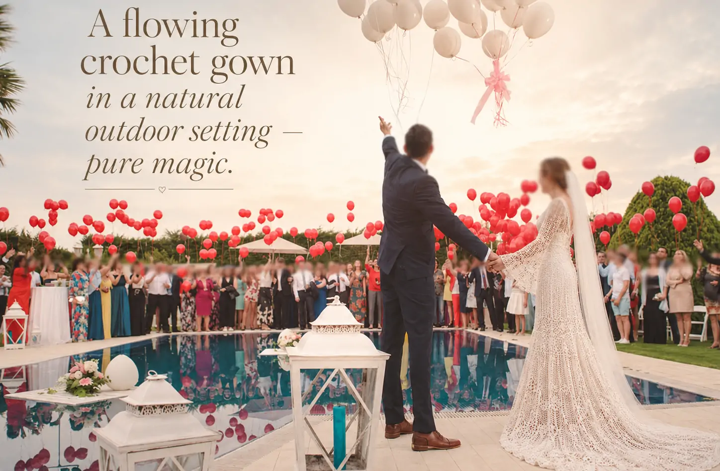 Bride in flowing boho crochet wedding dress outdoors in nature