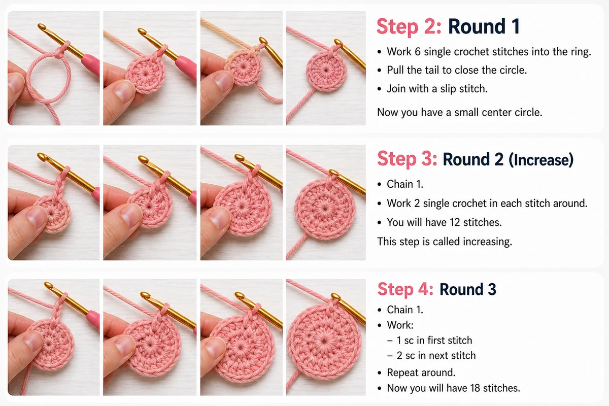 Crochet round tutorial steps