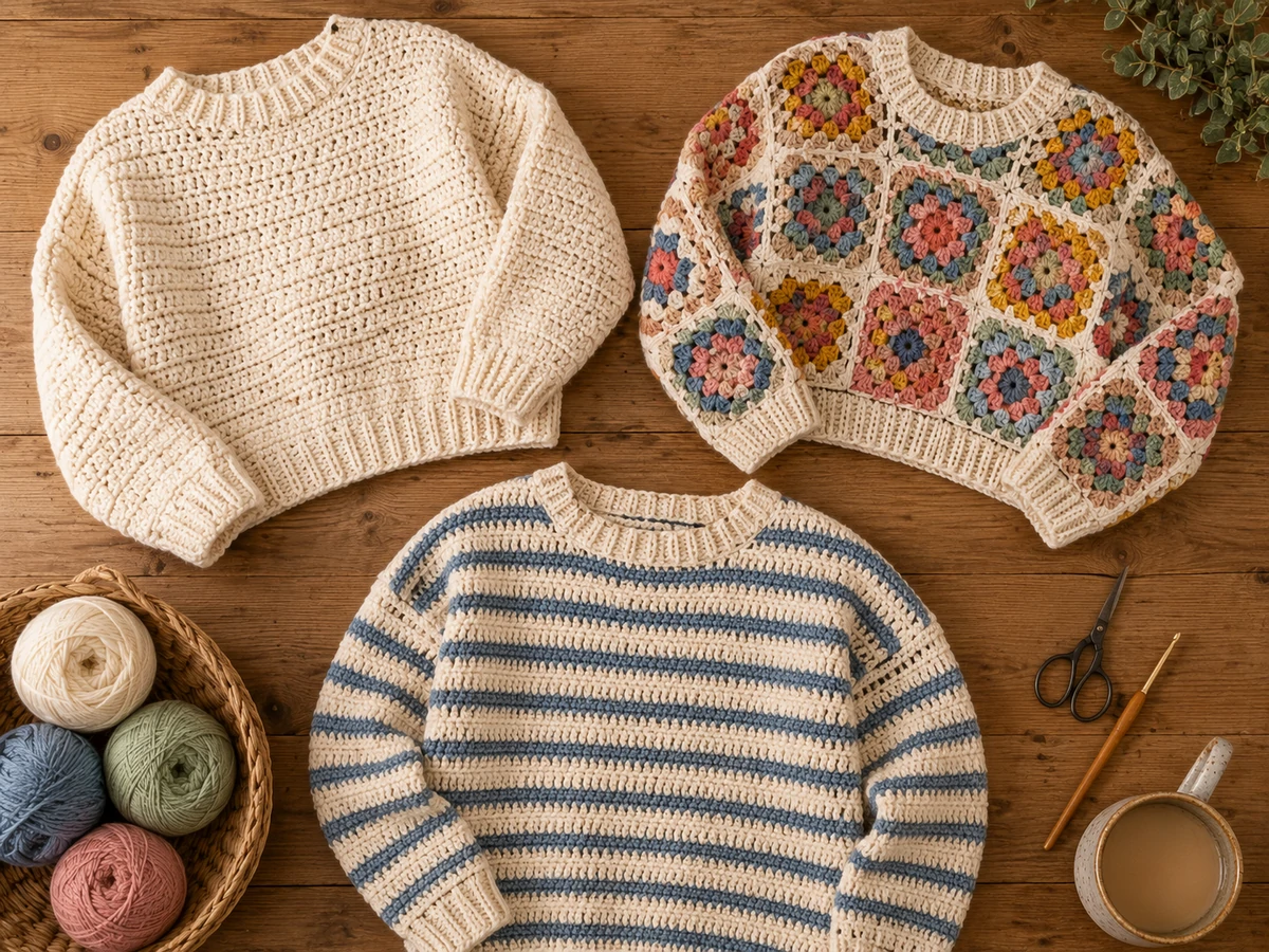 collection of easy crochet sweater patterns for beginners displayed together