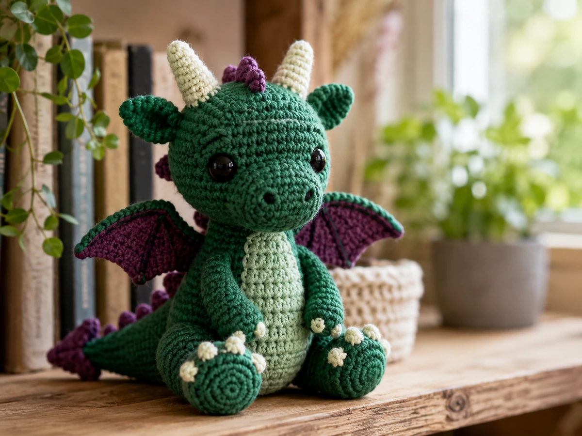finished crochet dragon pattern amigurumi sitting on a wooden shelf