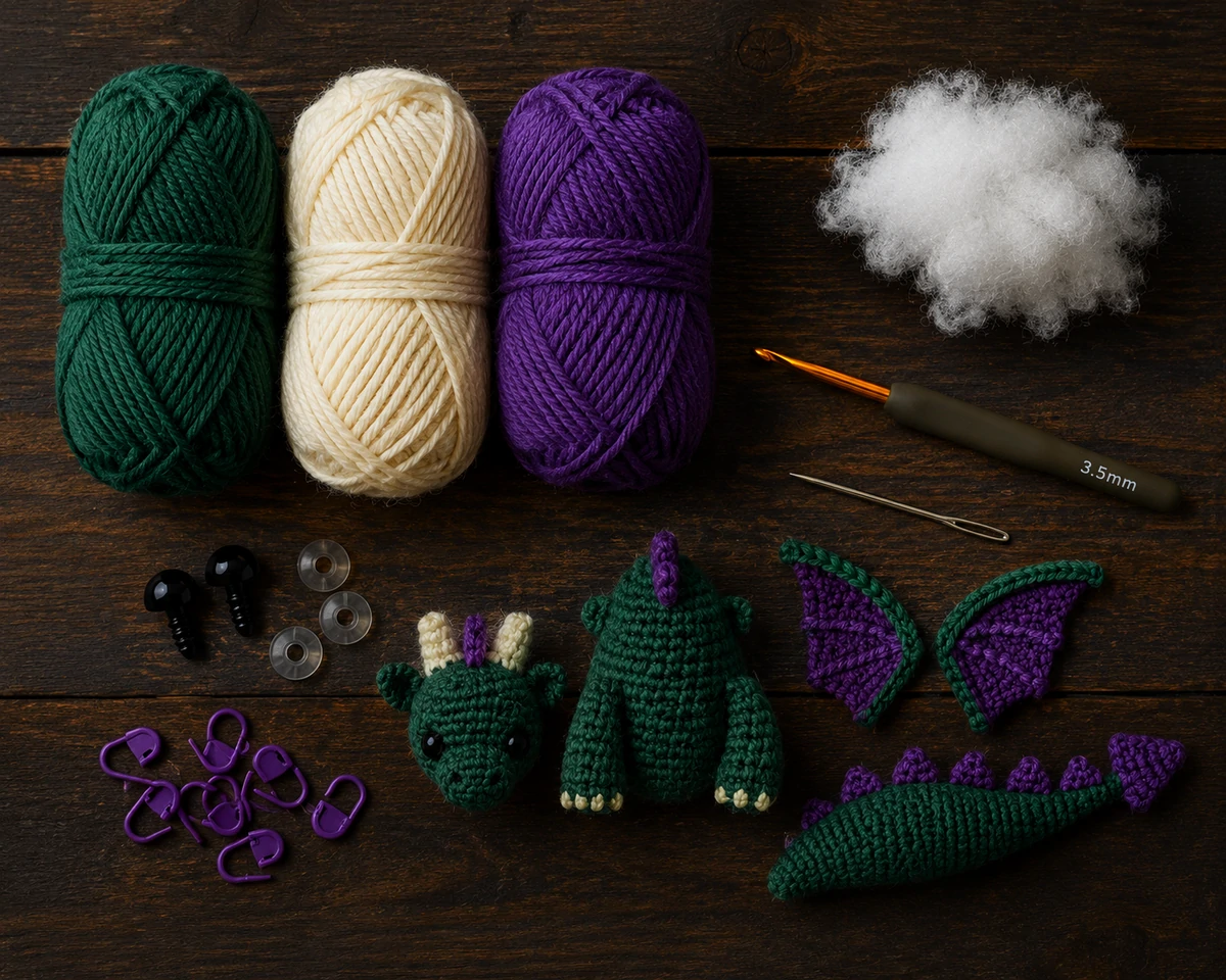 crafting supplies and tools for crochet dragon pattern amigurumi