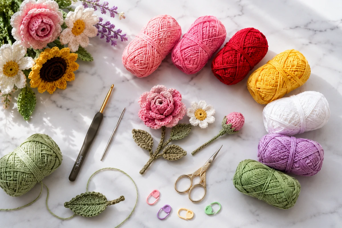 crochet flower arrangement with colorful yarn skeins for amigurumi flowers free patterns