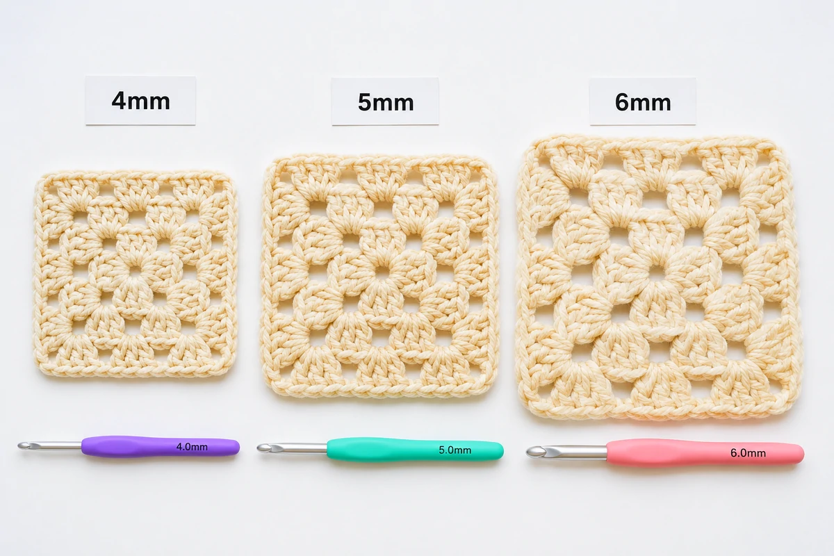 crochet hook size comparison for granny squares showing different results from different hook sizes