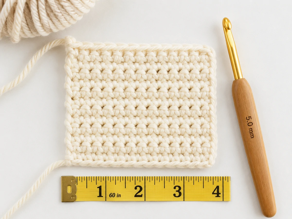 crochet tools and gauge swatch flat lay for beginner sweater patterns