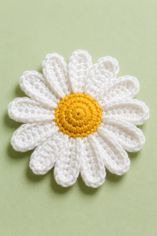 amigurumi crochet daisy free pattern on pastel background showing 12 petals
