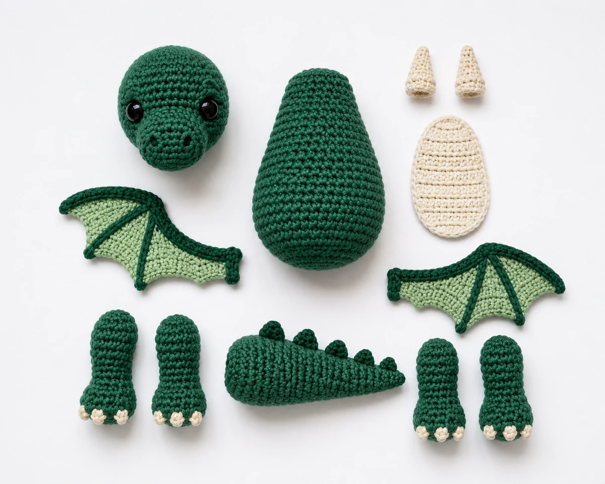 crochet dragon pattern pieces laid out before assembly including head body legs wings and tail