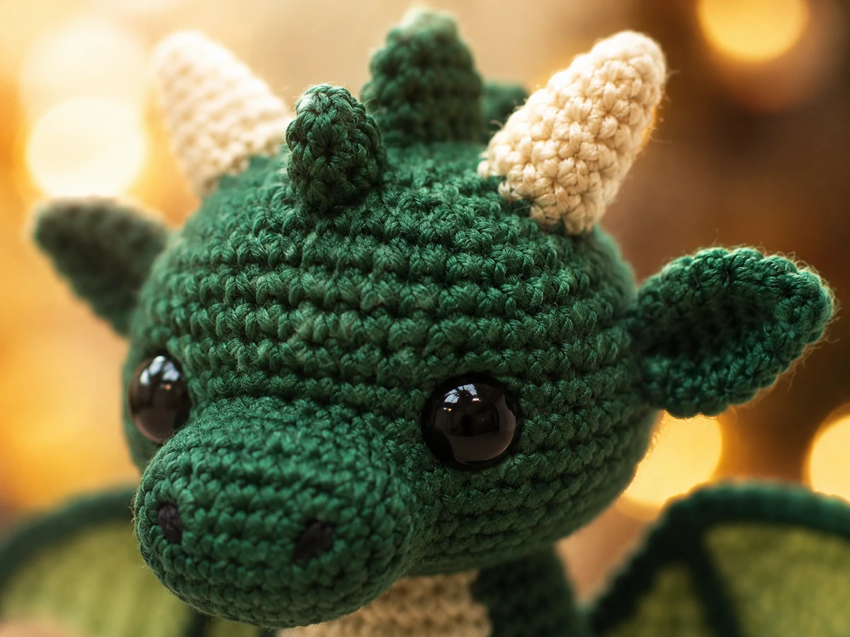 crochet dragon pattern close up detail with warm bokeh lights in background