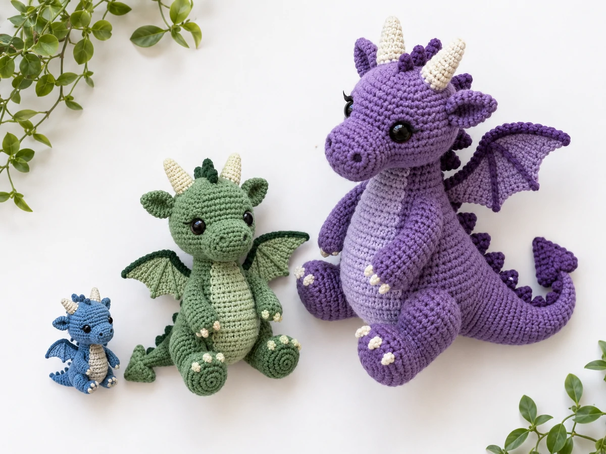 collection of easy crochet dragon patterns in different sizes with leafy accents