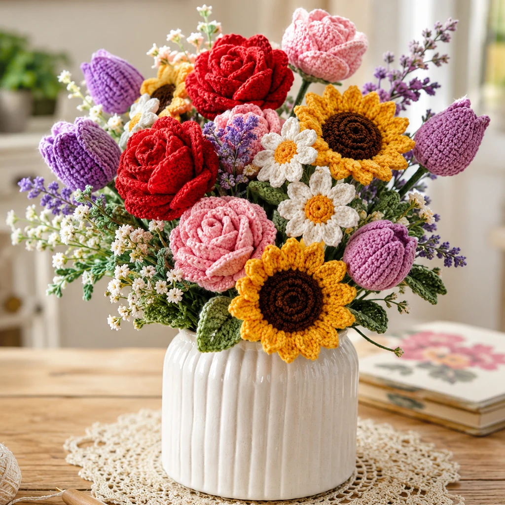 amigurumi flowers free patterns bouquet of crochet roses sunflowers daisies and tulips in warm light