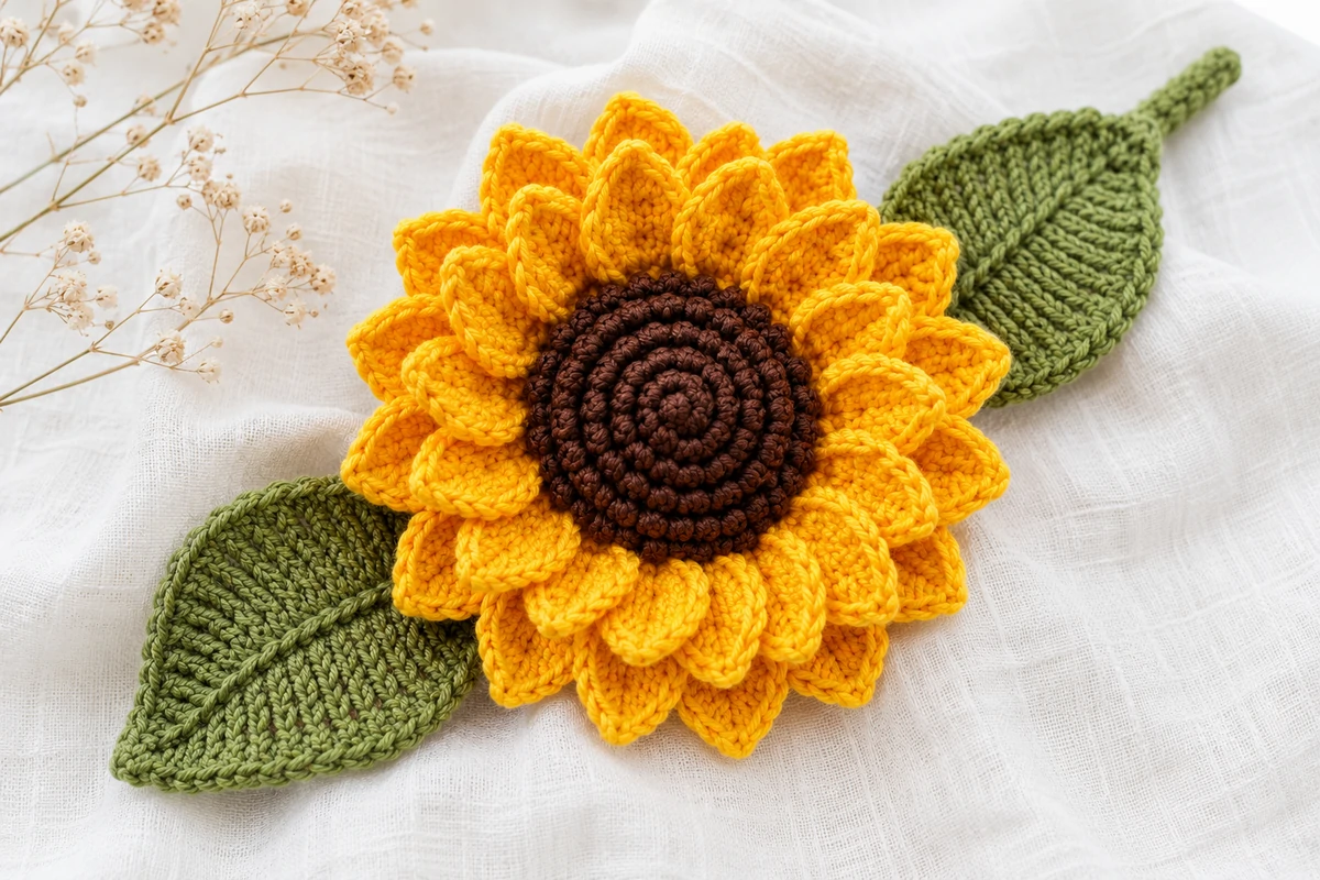 finished amigurumi sunflower free crochet pattern on soft linen fabric