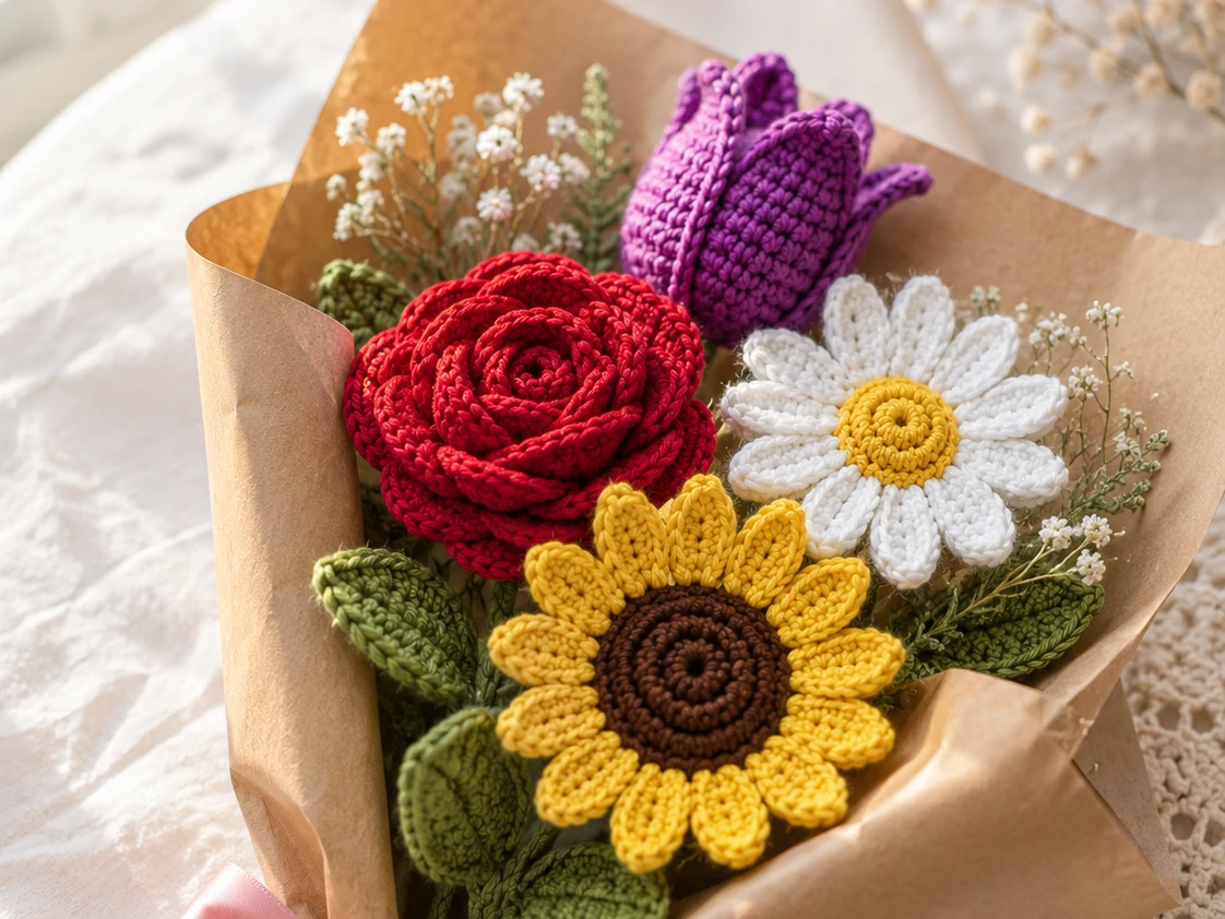 handcrafted amigurumi flowers free patterns complete bouquet in sunlight rose sunflower daisy tulip