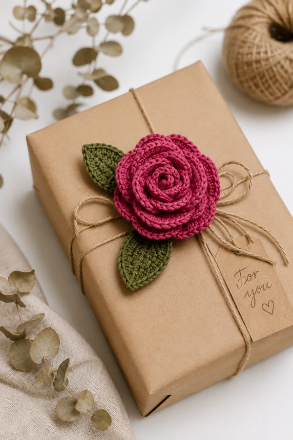 handcrafted gift wrapped with amigurumi crochet rose free pattern as gift topper