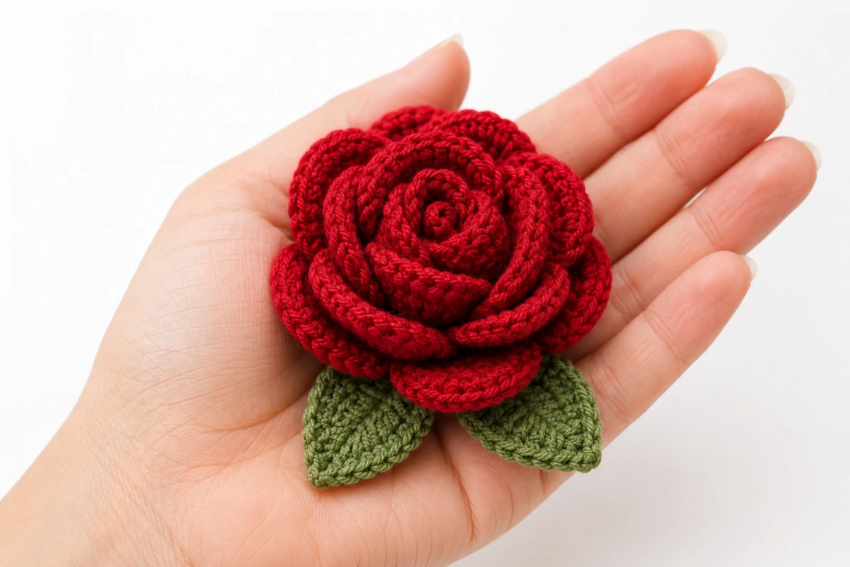 handcrafted amigurumi crochet rose free pattern in deep red held in palm