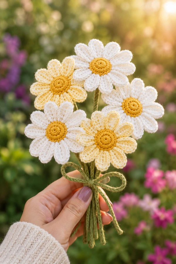 handmade crochet flower bouquet in sunlight using amigurumi flowers free patterns