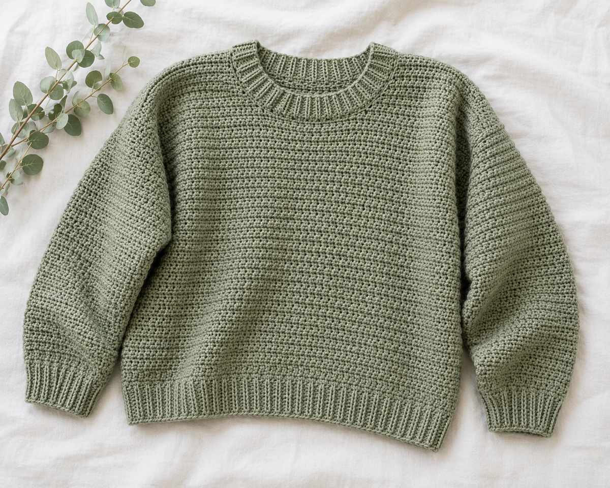 finished easy crochet sweater pattern for beginners in sage green