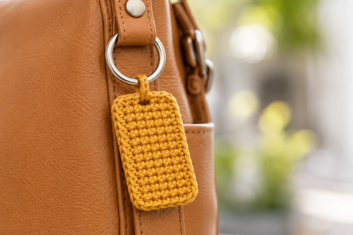Finished mini crochet bag tag on leather bag