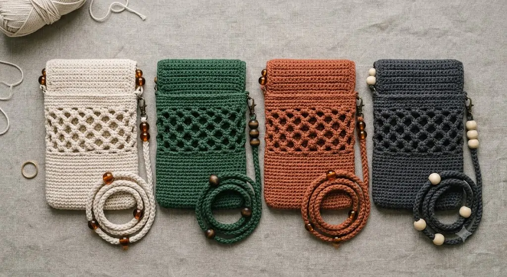 flat lay of small crossbody bags in different yarn colors with beaded straps