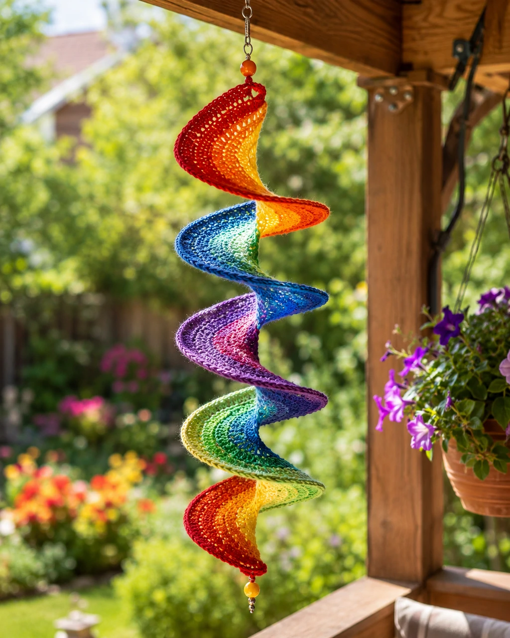 colorful crochet wind spinner pattern hanging on porch garden spinning in breeze