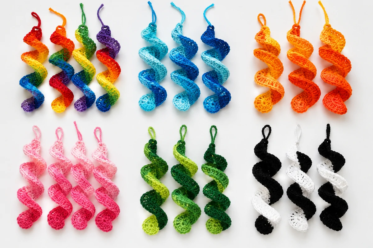 colorful crocheted wind spinner pattern spiral ornaments flat lay showing different color combinations