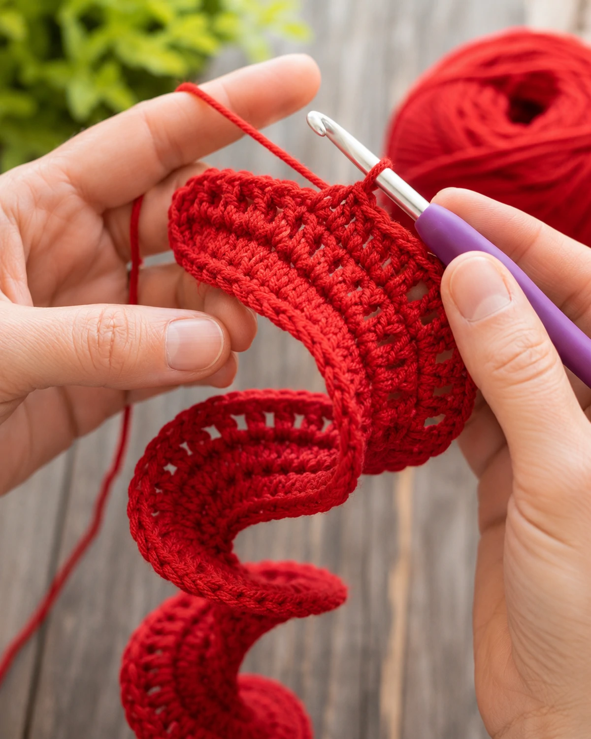 crafting a red crochet wind spinner pattern spiral strip outdoors showing curl forming