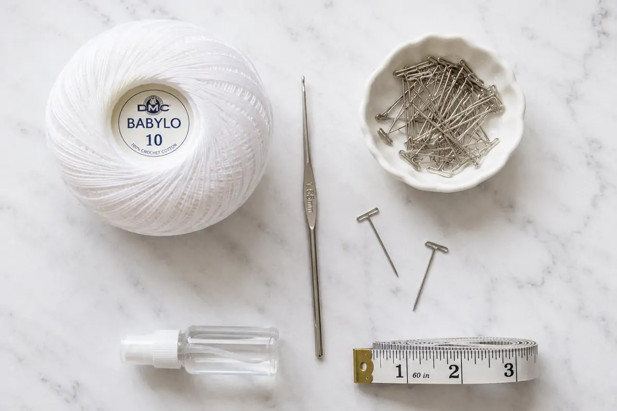 crafting essentials on marble surface for archimedes spiral doily pattern including thread hook and pins