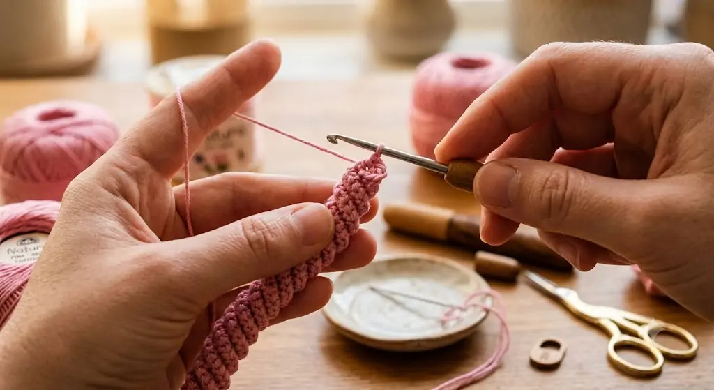 crocheting a pink crochet parandi pattern cord in progress showing spiral single crochet tube