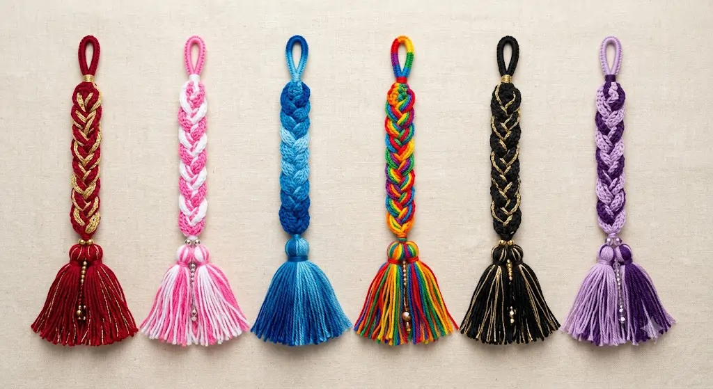 flat lay of several crochet parandi pattern tassels in different color combinations