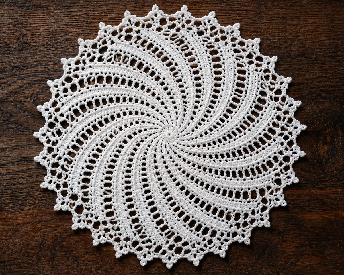 archimedes spiral doily pattern finished in white cotton thread on rustic wood surface