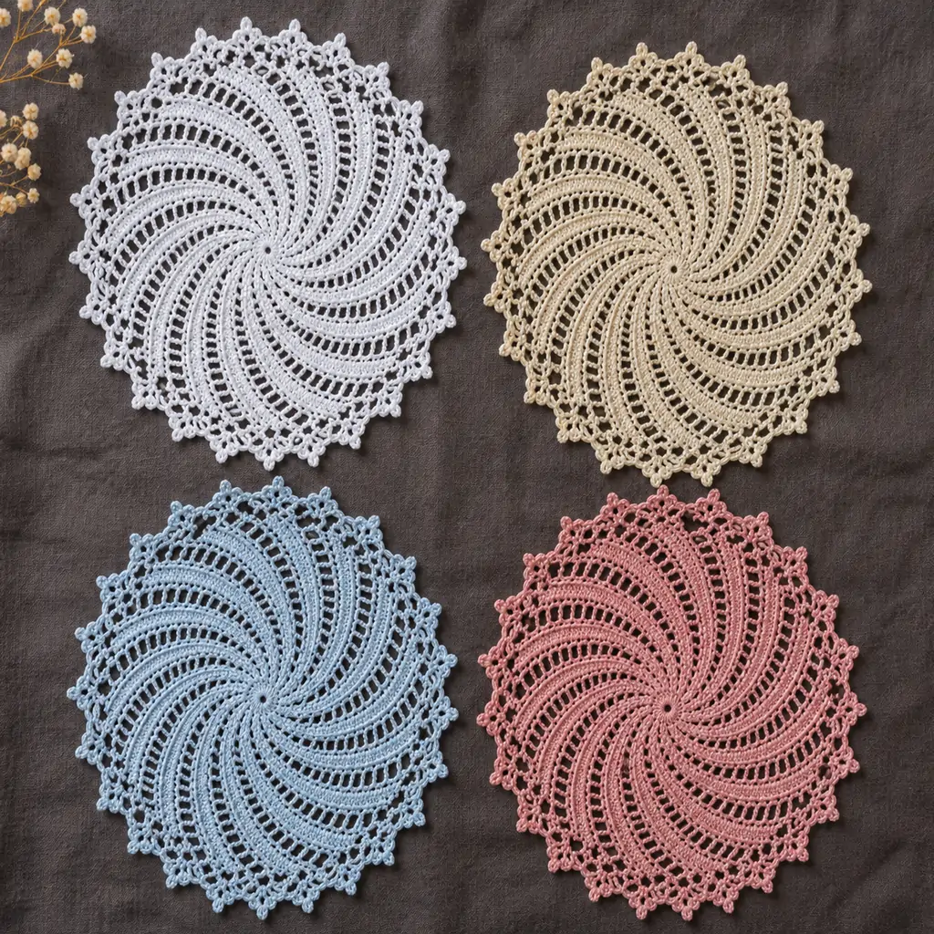 delicate archimedes spiral doily pattern variations on linen fabric in different colors