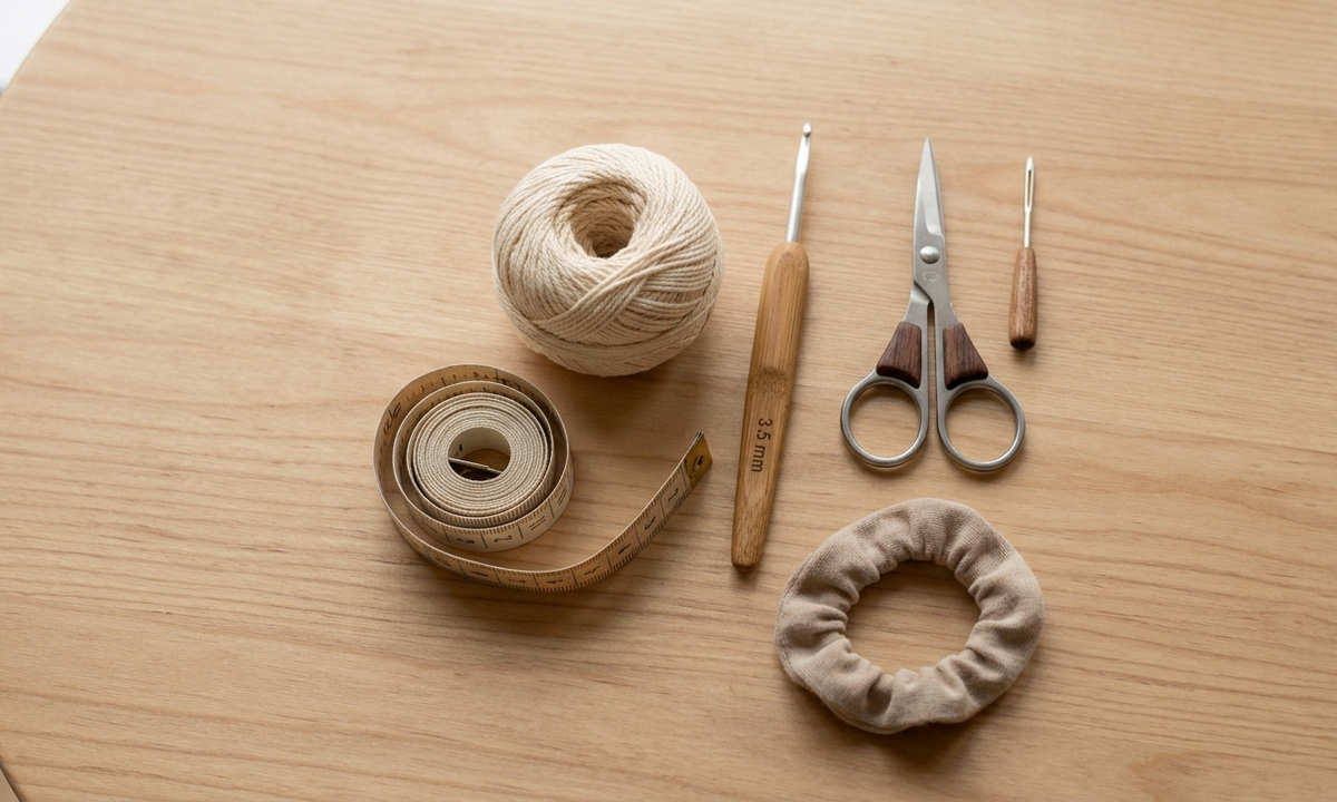 Materials for a thin crochet headband pattern including yarn hook scissors and elastic