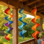 Sunlit porch with hanging wind spinners