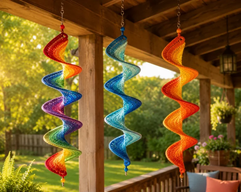 Sunlit porch with hanging wind spinners