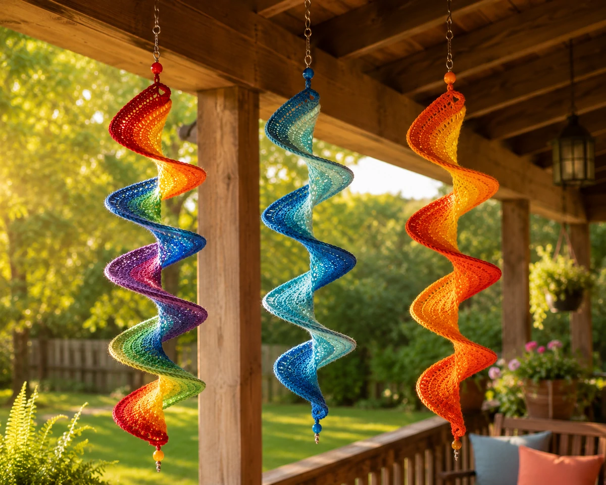 Sunlit porch with hanging wind spinners