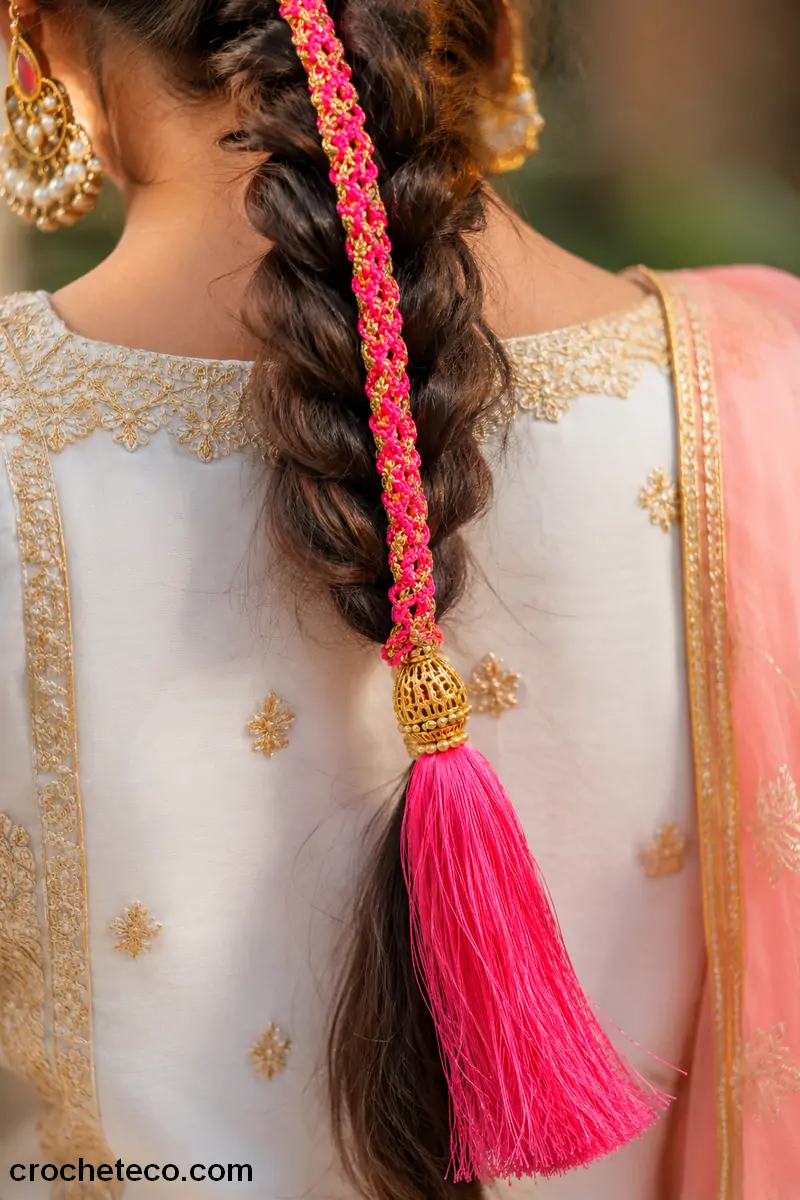finished crochet parandi pattern hair tassel with colorful thread braided into hair