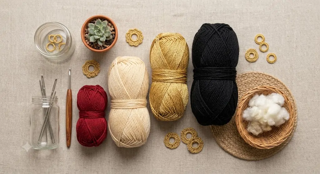 flat lay of black amigurumi yarn and gold thread supplies for a moonlit fox crochet toy