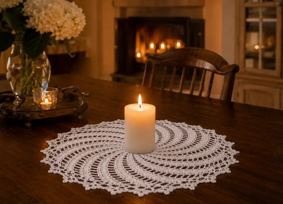archimedes spiral doily pattern displayed in warm candlelit dining room as elegant table centerpiece