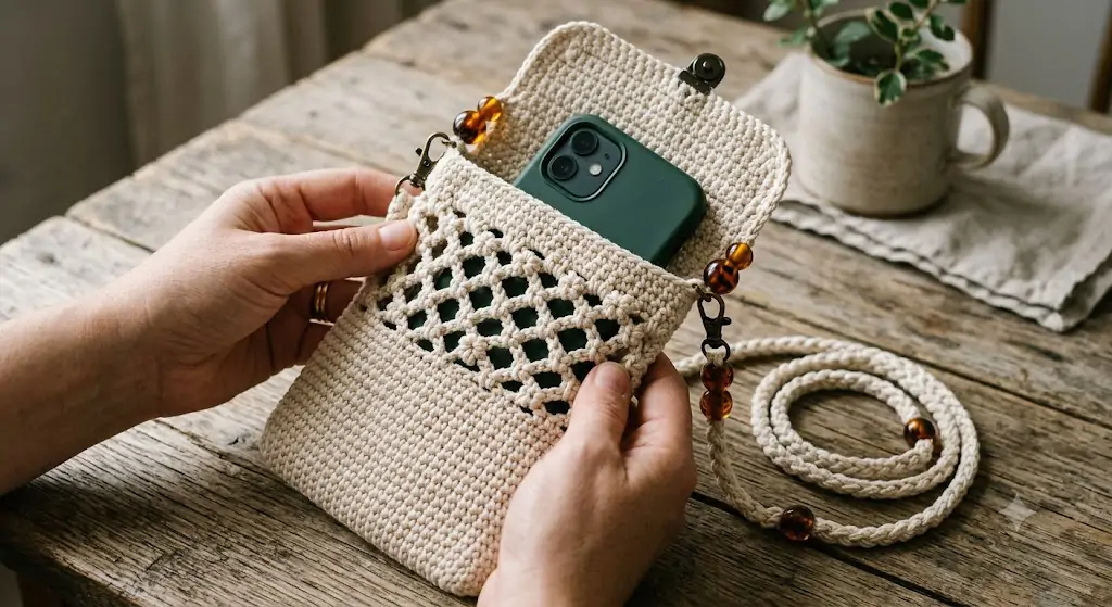 finished crochet phone bag with diamond lattice front and beaded crossbody strap