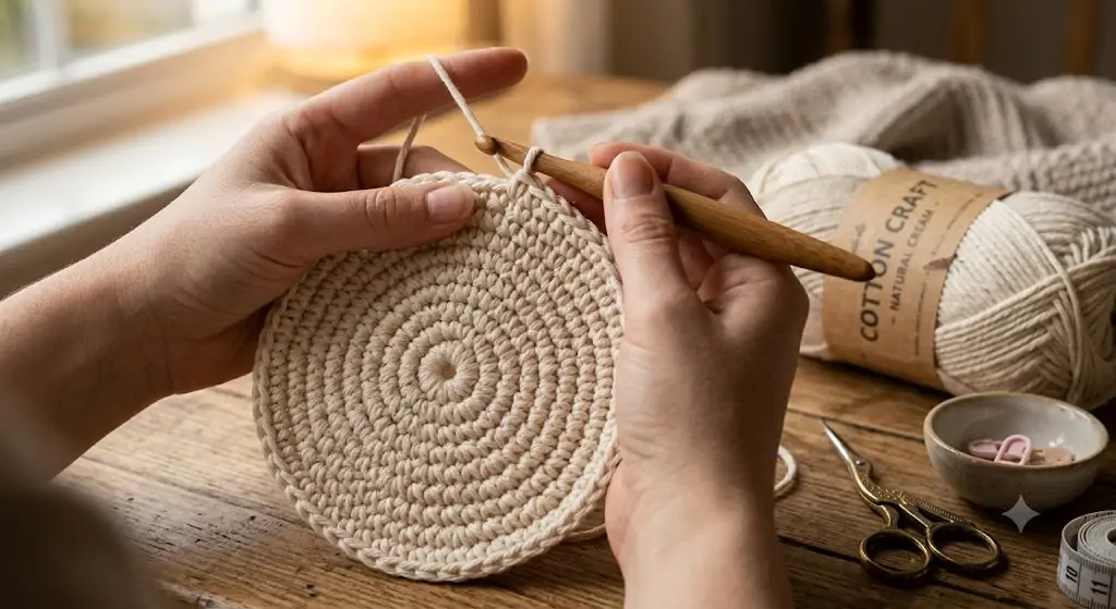 crocheting the round base of a nursery hanging basket in progress with cotton yarn