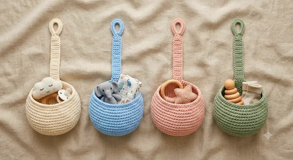flat lay of crib hanging baskets in different pastel nursery colors