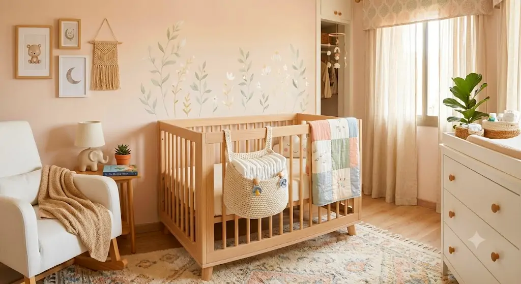 cozy nursery scene with a soft cotton hanging basket attached to the crib rail