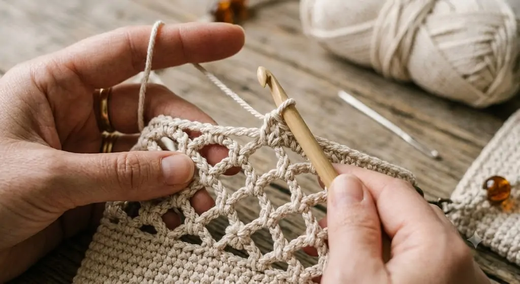 crocheting the diamond lattice section of a small crossbody bag in progress