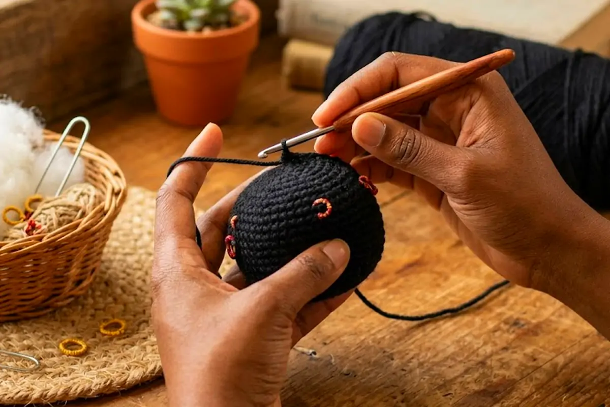 crocheting a black amigurumi head in progress showing continuous round single crochet technique