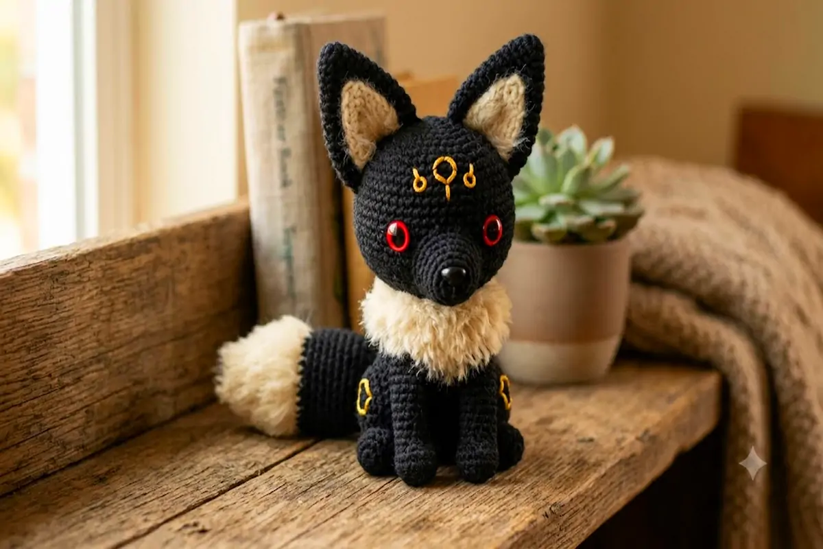 finished handmade black amigurumi fox creature with gold ring markings and fluffy collar