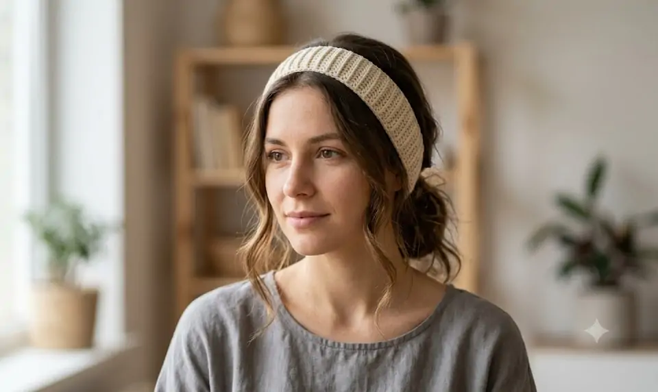 Woman wearing a handmade narrow crochet headband