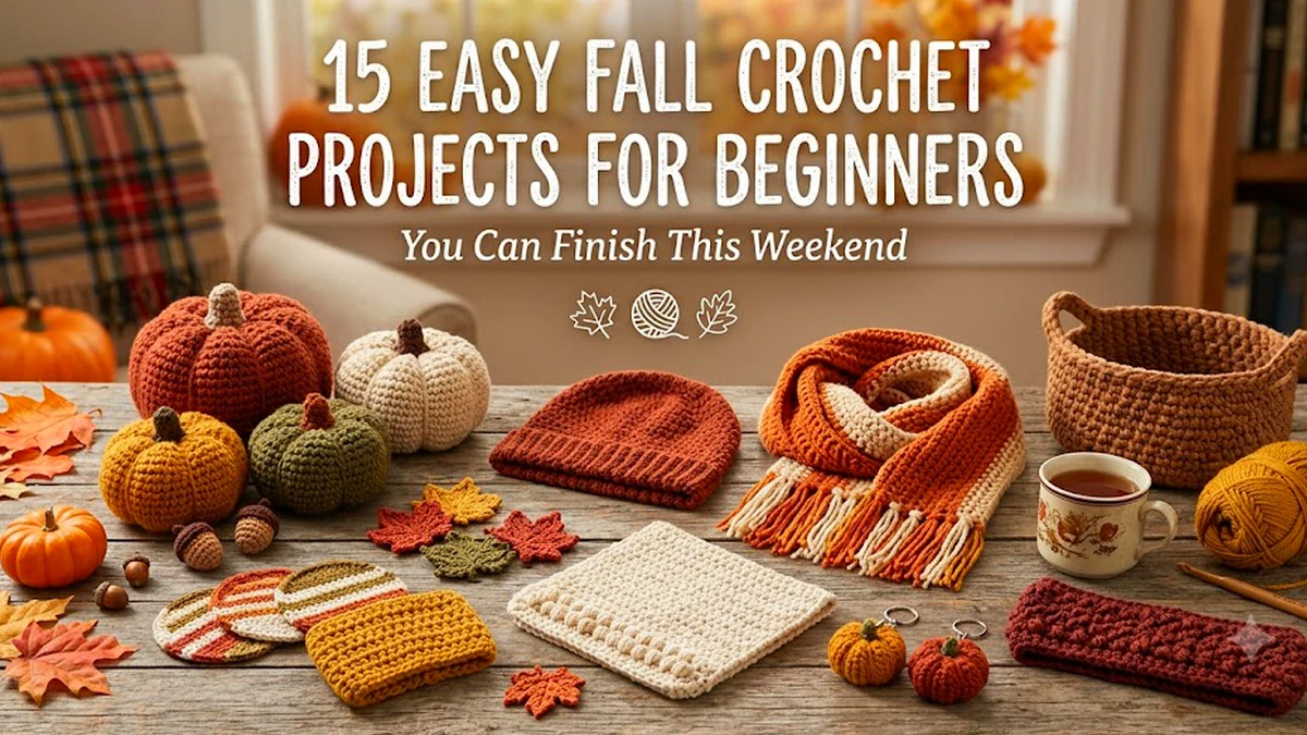 15 Easy Fall CSmall finished fall crochet projects for beginners including a pumpkin, coasters and a mug cozy