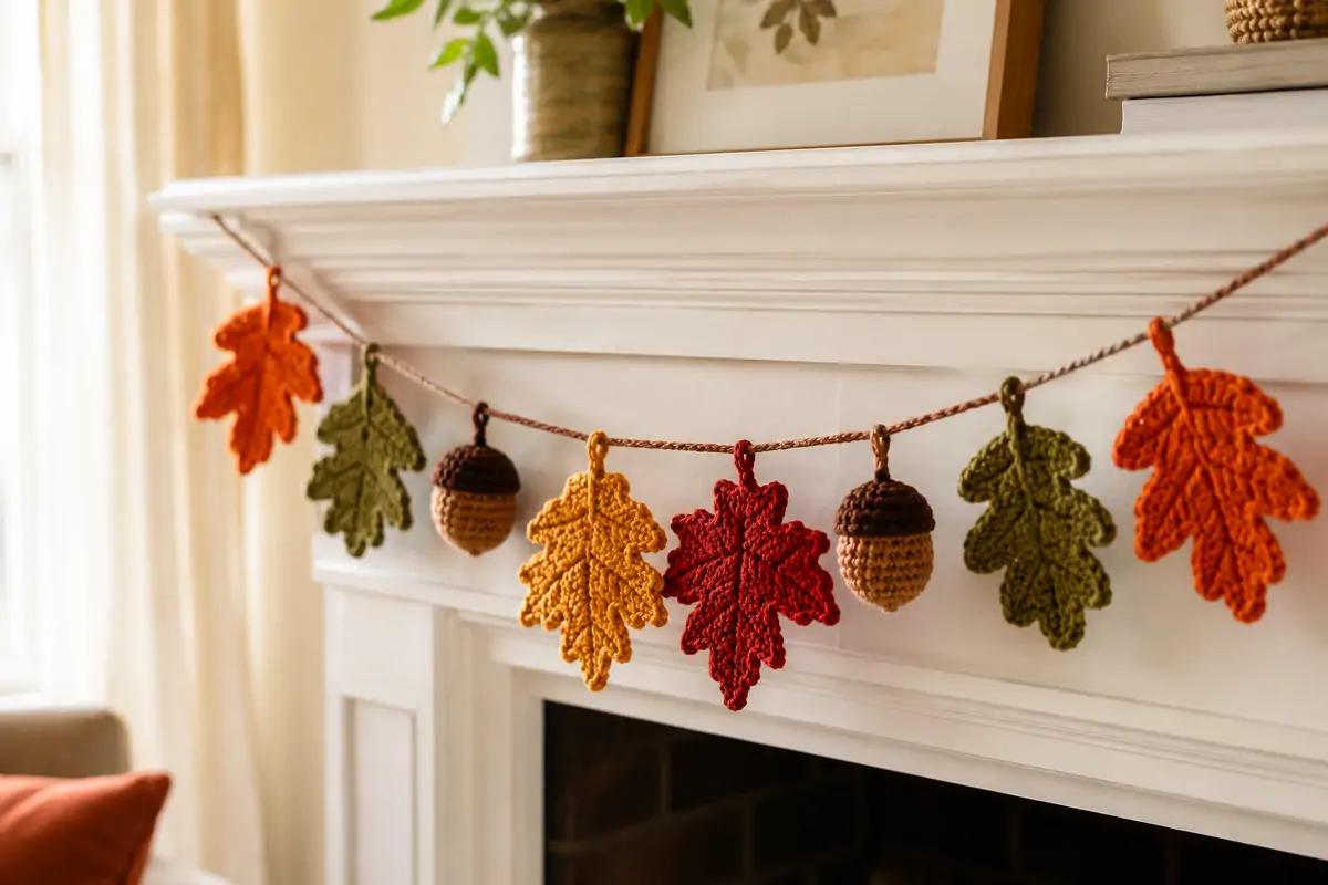 Crochet fall leaf garland in orange, red and gold draped across a white wooden mantelpiece