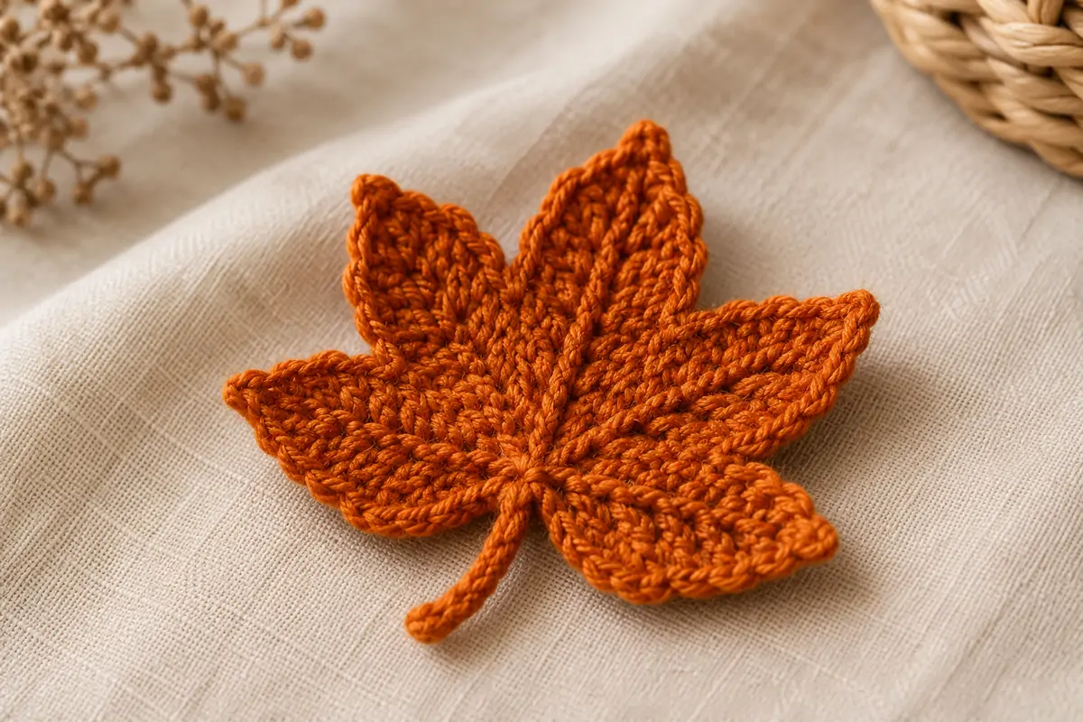 Finished crochet maple leaf in burnt orange yarn with five points and a small stem