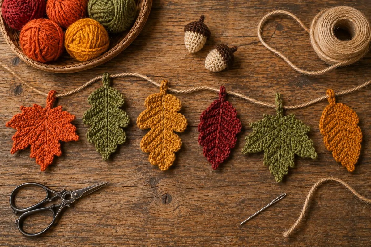 Crochet leaves laid out along twine while assembling a crochet fall leaf garland