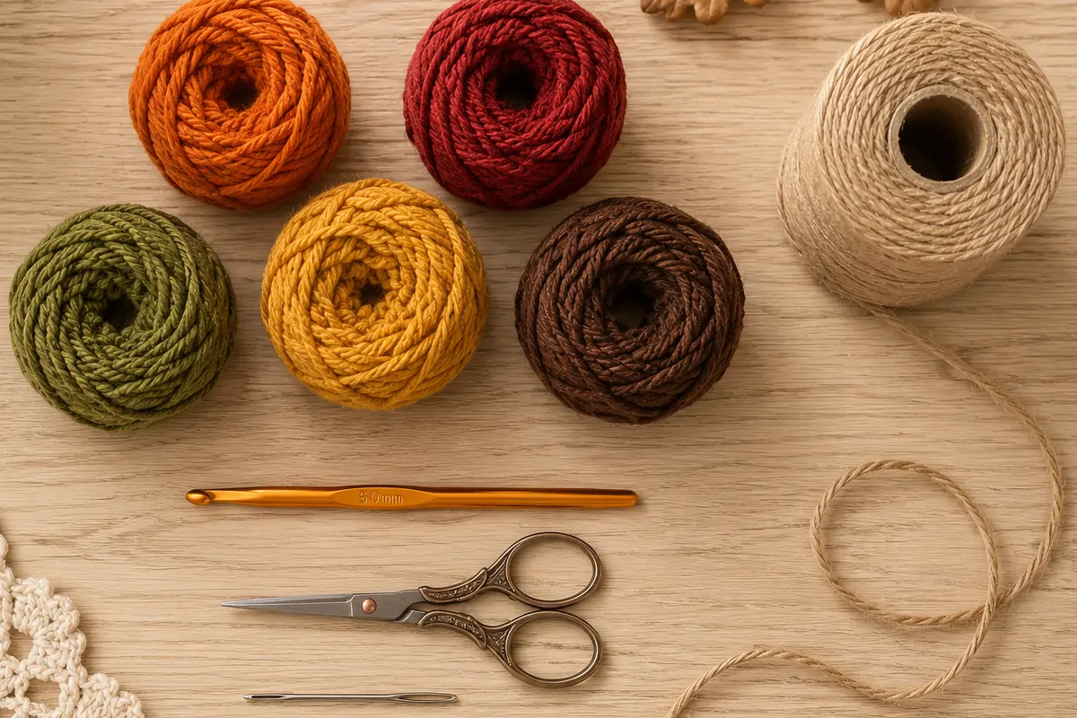 Yarn, hook, scissors and twine laid out for making a crochet fall leaf garland